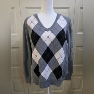 Izod Golf Argyle Cotton Grey Black White Sweater XL